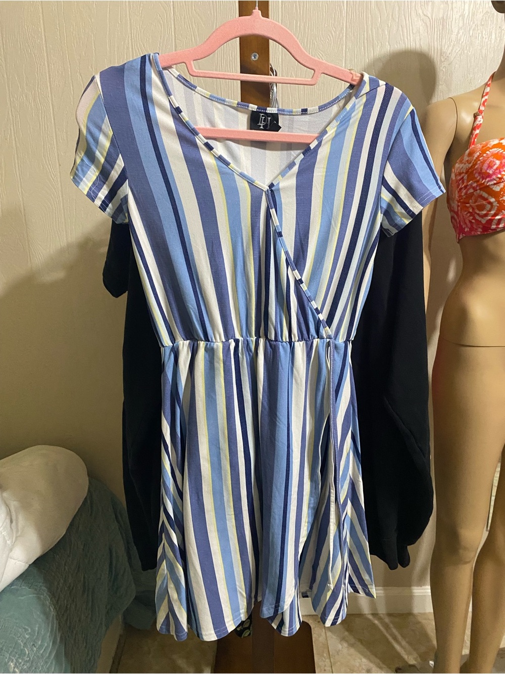 Derek Heart Blue, White & Pale blue Striped V-Neck Dress